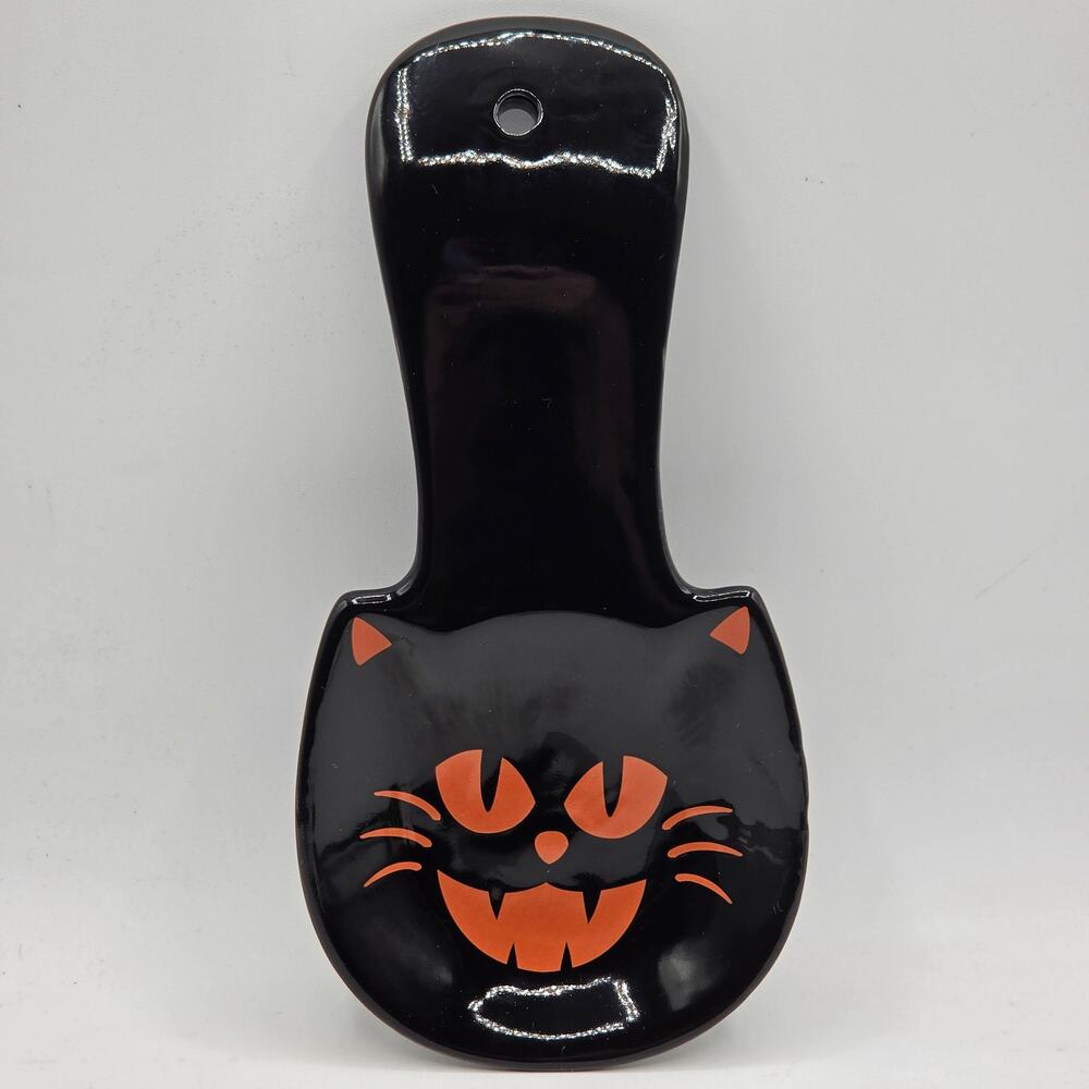Halloween Black Cat Spoon Rest Ceramic Glossy Vintage Style Kitchen Decor